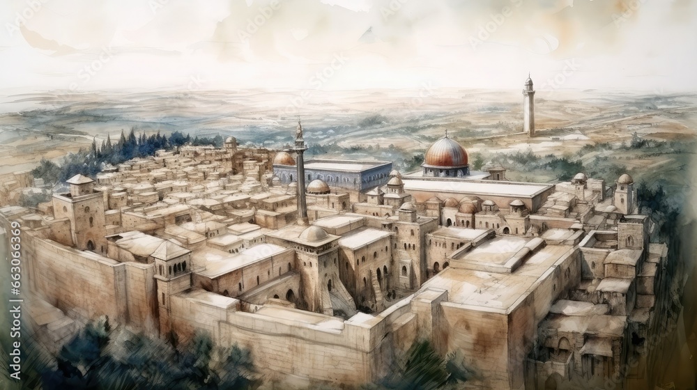 Naklejka premium An aerial view of the Al-Aqsa Mosque complex, surrounded by the ancient walls of the Old City of Jerusalem, a historical and cultural ambiance, Artwork, watercolor painting