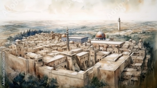 An aerial view of the Al-Aqsa Mosque complex, surrounded by the ancient walls of the Old City of Jerusalem, a historical and cultural ambiance, Artwork, watercolor painting photo