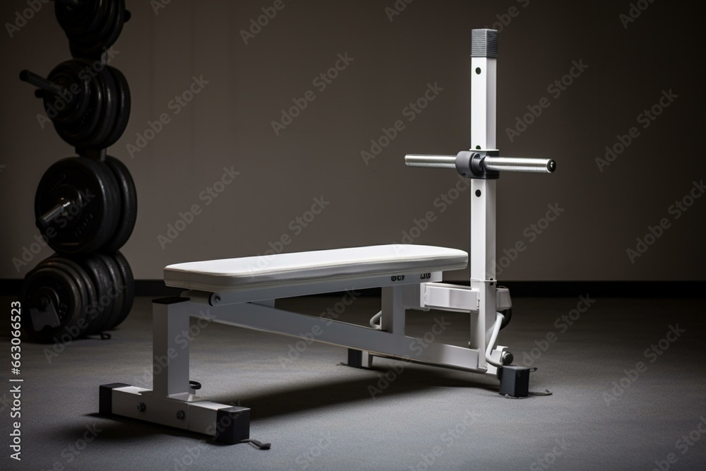 White gym bench with barbell. Generative AI