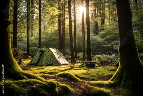 wild camping in the forest. Generative AI