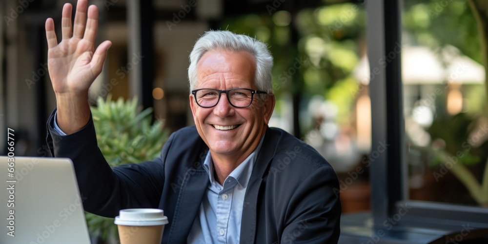 Obraz premium business man waving to his colleagues, generative AI