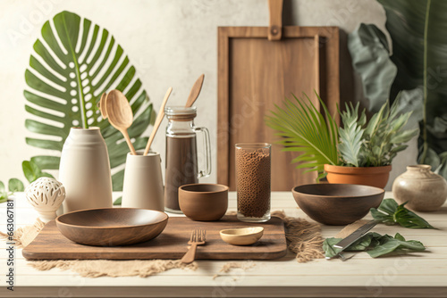 A rustic table that is empty but for the palm leaves and wooden utensils. kitchen interior mockup  zero waste idea  product demonstration . Generative AI