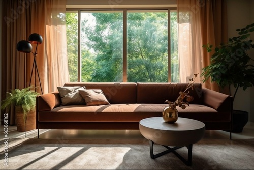 Contemporary lounge with brown couch, table, decorations, and large window. Generative AI
