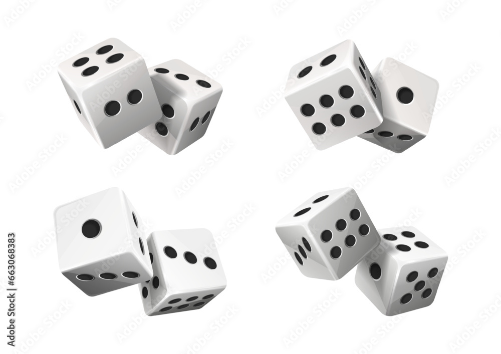 White poker dice with random numbers. 3d realistic vector icon illustration. Isolated on white. White poker dice with random numbers. 3d realistic vector icon illustration. Isolated on white.