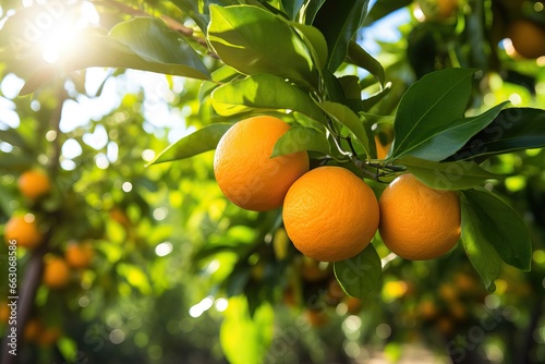 Orange garden with ripening orange fruits on the trees with green leaves, natural and food background