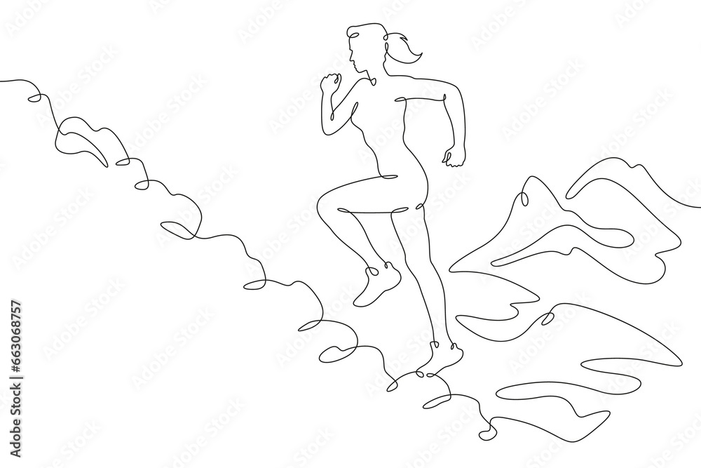 The woman runs up. Cross country running. Mountain landscape. The girl runs up the mountain. One continuous line. Linear. Hand drawn, white background