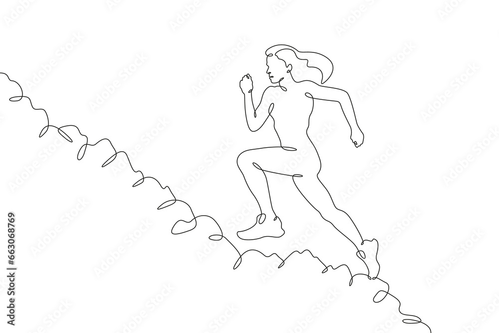 The woman runs up. Cross country running. Mountain landscape. The girl runs up the mountain. One continuous line. Linear. Hand drawn, white background