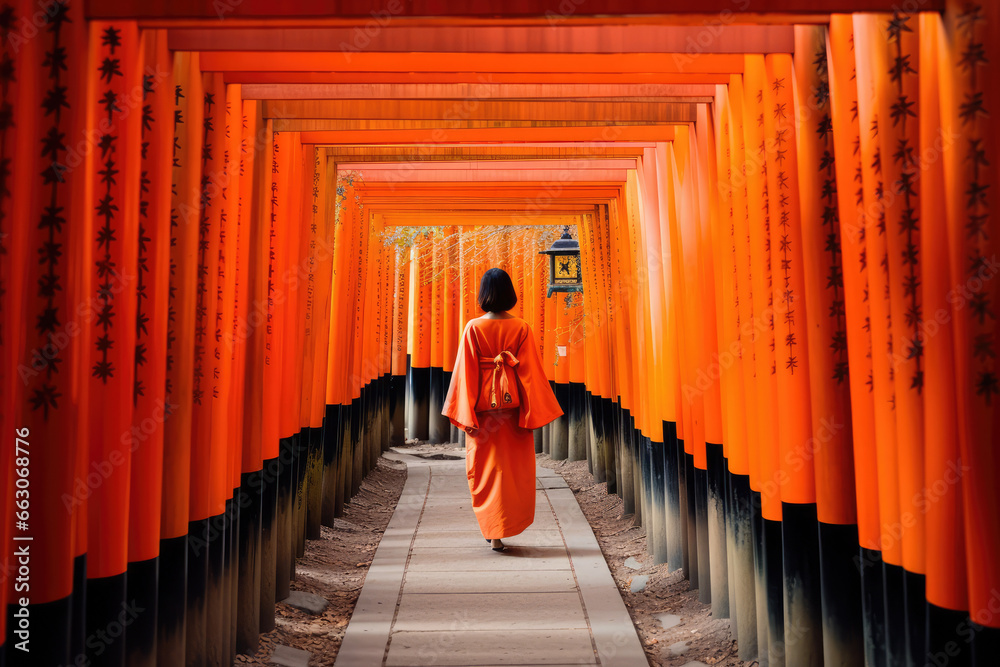 Fototapeta premium a woman in kimono and orange tori tori gates 