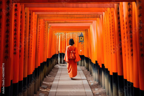 a woman in kimono and orange tori tori gates  photo