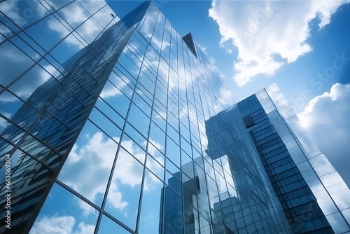 ビジネス街のビルのガラスに反射する雲