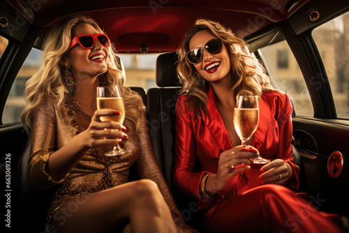  young women drinking champagne in a car