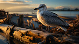 A seagull perches on a pile of trash on the beach.