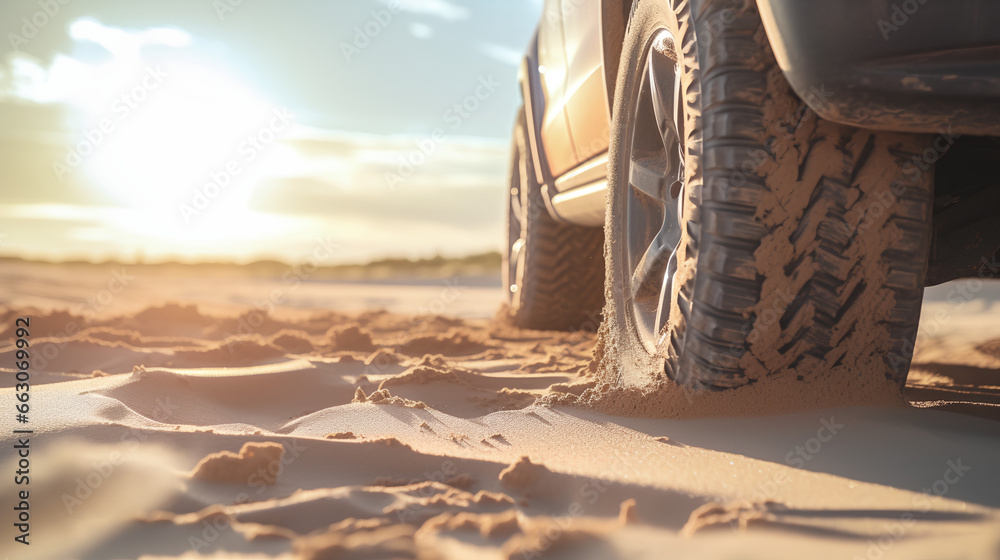 Φωτογραφία A car tire is partially buried in the sand, with the sun setting in the background, casting a warm golden glow over the desert landscape