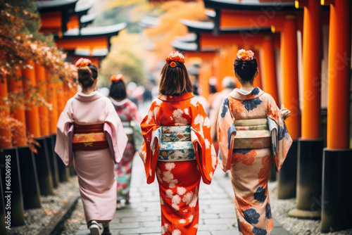 traditional Japanese kimono walking in Higashiyama district in the old town of Kyoto, Japan