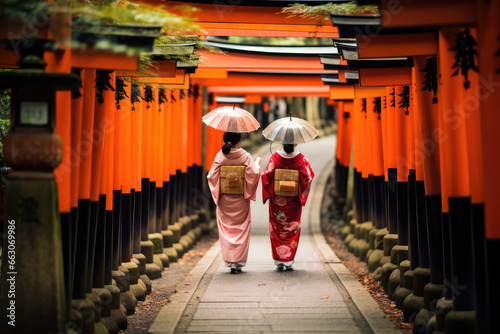 traditional Japanese kimono walking in Higashiyama district in the old town of Kyoto, Japan photo