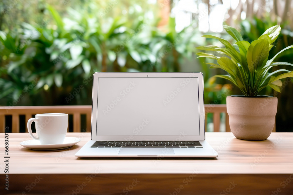 Wooden table with laptop white screen and a cup of coffee, tea. Green plants background Wooden table with laptop white screen and a cup of coffee, tea. Green plants background