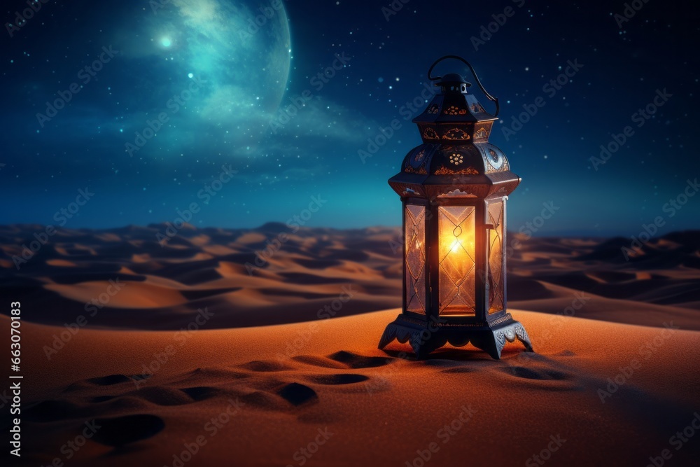 Arabic lantern in the desert at night. Ramadan Kareem background Arabic lantern in the desert at night. Ramadan Kareem background