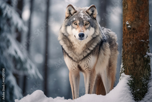 Close-up of a wolf in a winter forest