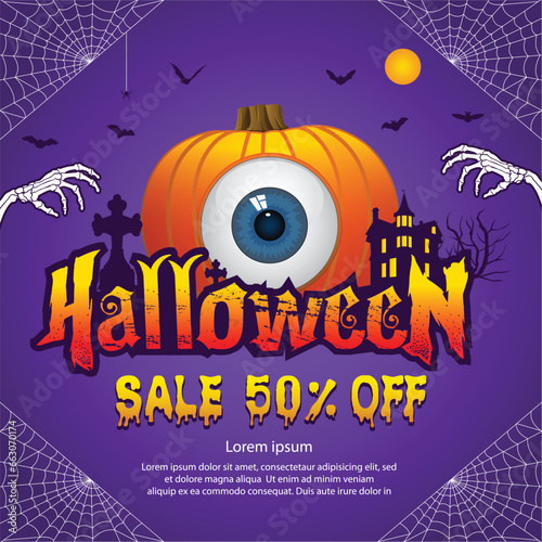 Halloween Sale banner vector illustration with hand bone, pumpkin, Haunted Castle,sale text and monocular. 