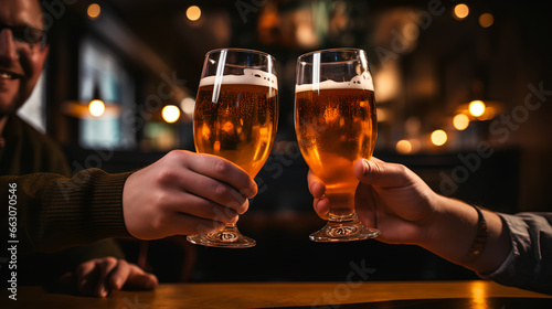 The image captures a close-up of two people toasting with glasses of beer, with a blurred background suggesting a warm, ambient bar setting.