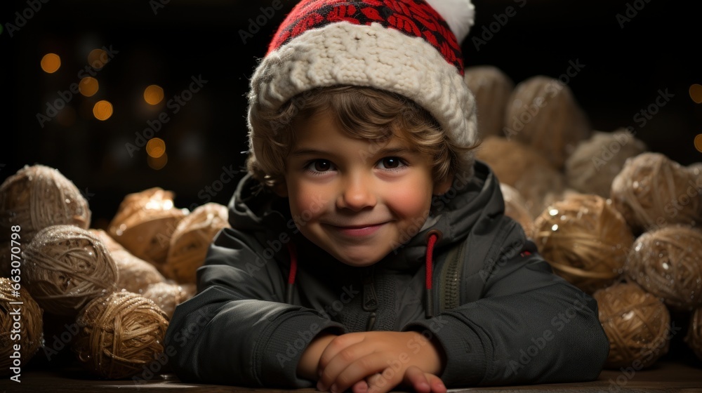 portrait of a smiling child wearing christmas hat, copy space, christmas background and wallpaper