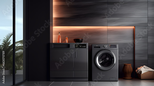 sleek washing machine in a modern bathroom in the dark photo