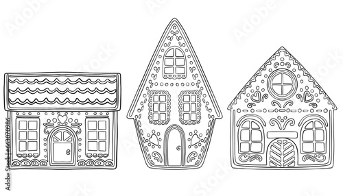 Sketch gingerbread houses outline vector illustration 