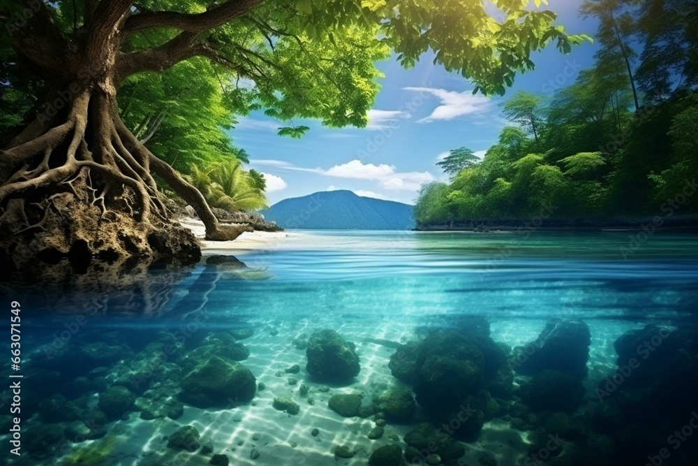 A tranquil seashore with lush trees and pristine aquatic scenery. Generative AI