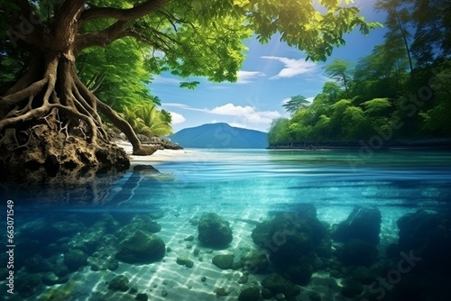 A tranquil seashore with lush trees and pristine aquatic scenery. Generative AI