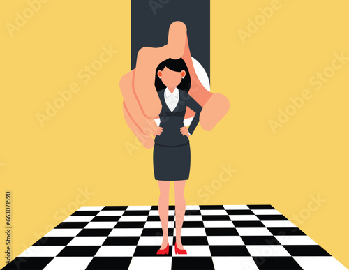 Domination or manipulate by control puppet doll, marionette or exploitation. Female employees controlled by business enterprises.