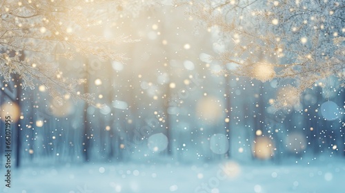 snowy background with winter trees, in the style of light gold and azure, blurred, bokeh, joyful celebration of nature, generative ai