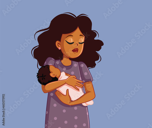 Mother Suffering from Depression after Giving Birth Vector Illustration. Depressed mom holding her newborn baby feeling extenuated and desperate 
