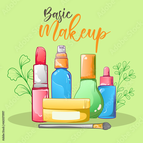 Set of compositions with natural organic cosmetic products in bottles, jars, tubes for skincare. Flat lay photography of skincare products