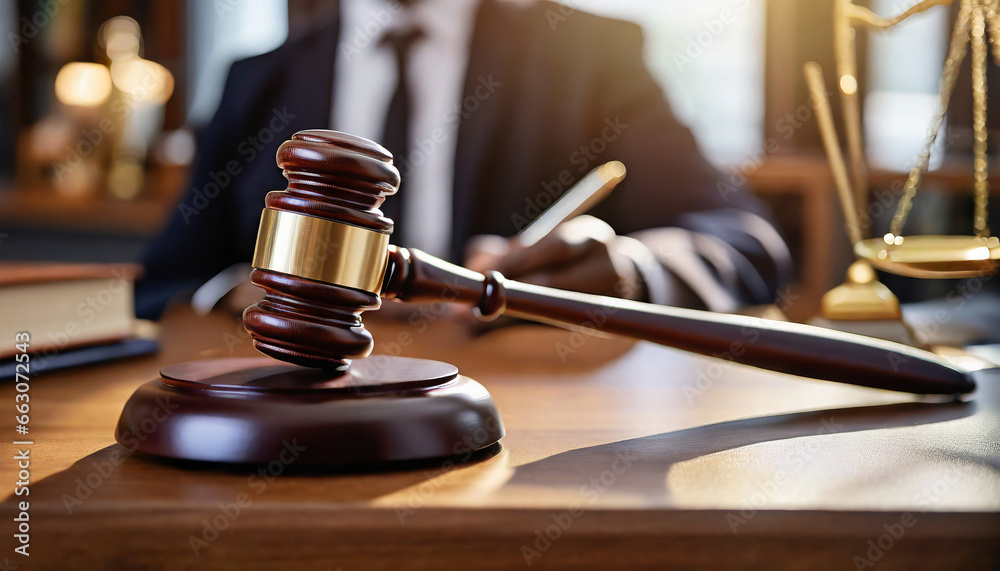 Close-up of gavel on judge desk, symbolizing court trial, justice and legal decisions in courtroom Close-up of gavel on judge desk, symbolizing court trial, justice and legal decisions in courtroom