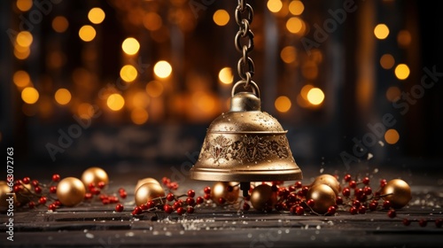 Christmas bell on the Christmas tree, decorative Christmas bell background, golden Christmas bell, dark background with copy space