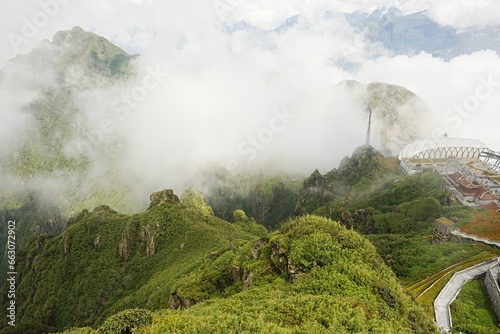 Fansipan Mountain called Roof of Indochina and Sea of Clouds in Sapa  Vietnam -                                              