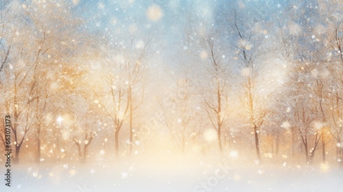 snowy background with winter trees  in the style of light gold and azure  blurred  bokeh  joyful celebration of nature  generative ai