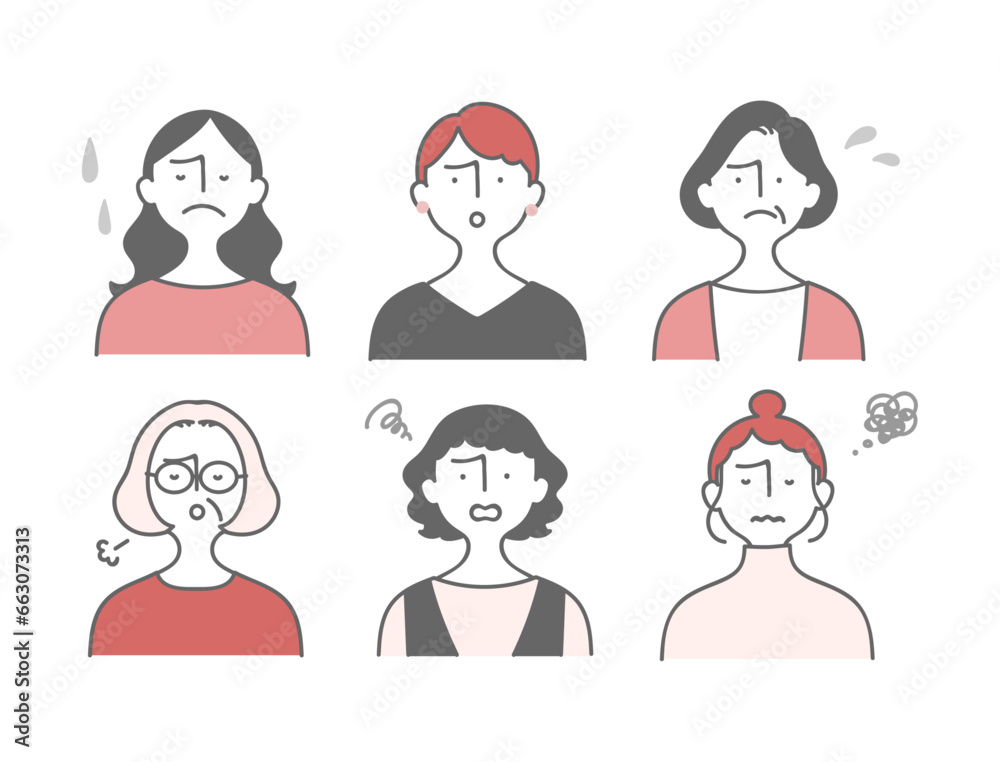 Negative women face upper body icon illustration set/ネガティブな顔の女性の上半身アイコンイラストセット Negative women face upper body icon illustration set/ネガティブな顔の女性の上半身アイコンイラストセット