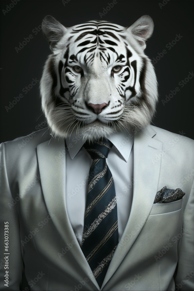 Portrait of a Successful Business White Tiger Businessman with Suit and Tie building Wealth Money Fortune