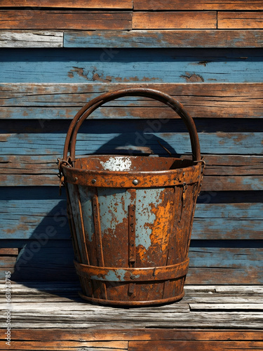 an old rusty bucket sitting on a wooden wall © Melange Creative