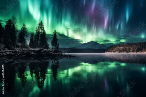 the northern lights reflected in still lake water. Generative AI
