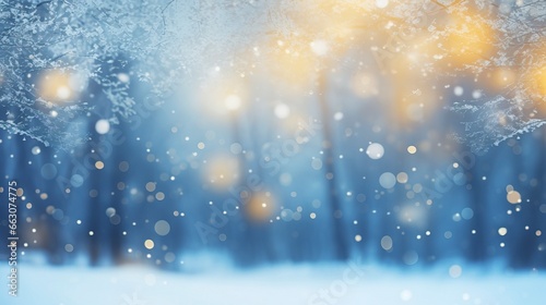 snowy background with winter trees  in the style of light gold and azure  blurred  bokeh  joyful celebration of nature  generative ai