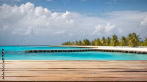 empty wooden table with blur beautiful sea background