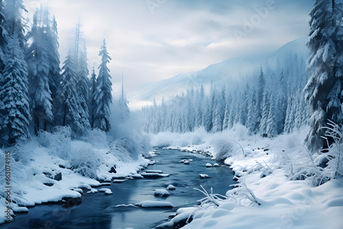 Frozen Elegance, A Serene Winter Landscape of a Frozen River and Forest