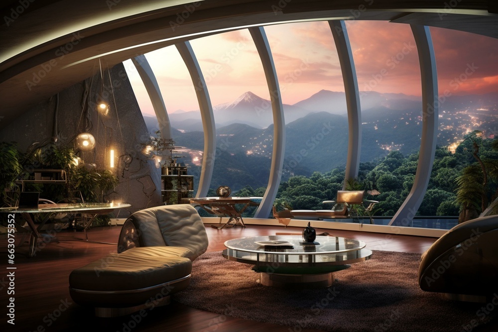 An idealistic room with a breathtaking vista of a technologically advanced world and its captivating landscape. Generative AI