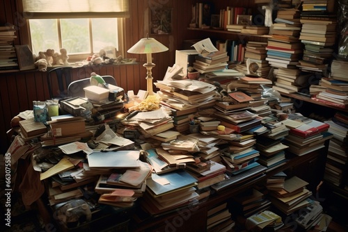 a disorganized desk with numerous books. Generative AI photo