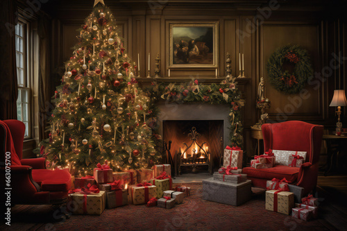 Beautifully decorated living room on the occasion of New Year and Christmas holidays. decorating trees and homes with lights and ornaments, rooms with Christmas trees and fireplace