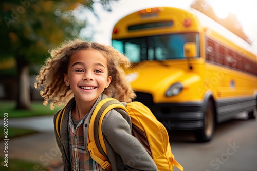 Elementary Student Ready to go to School with school bus photo