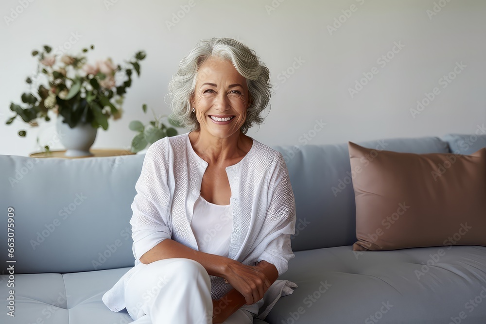 Middle Aged Woman Sitting on Sofa in Living Room at Home