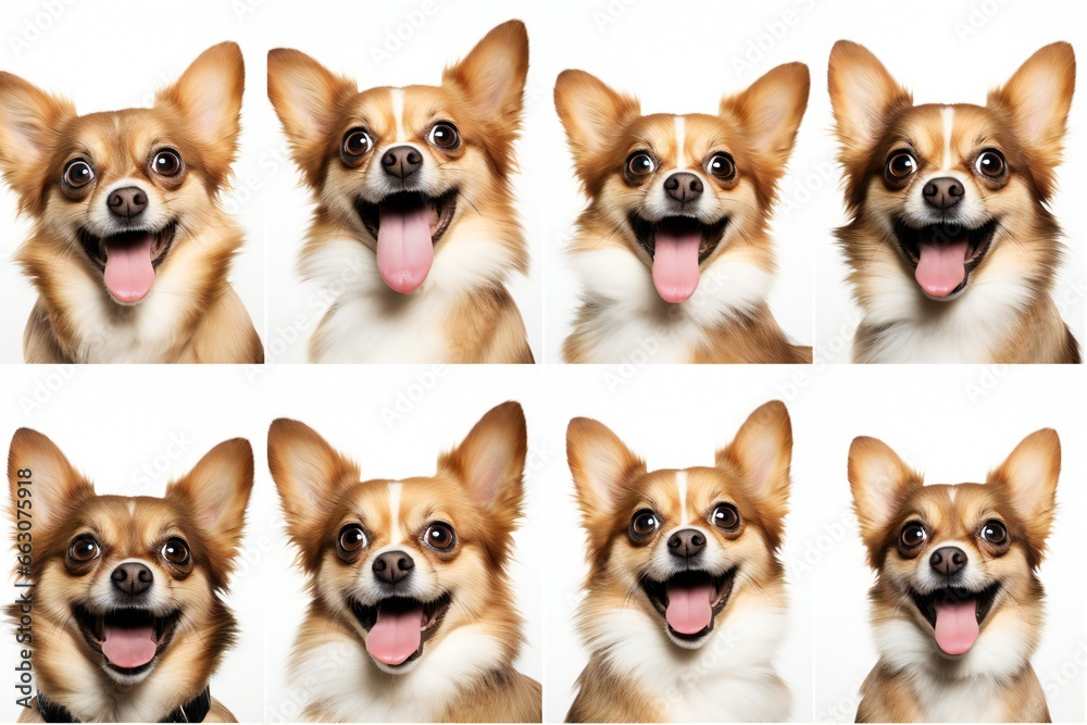 Collage set of 8 dogs portraits with different emotions. White background. funny dog face expression